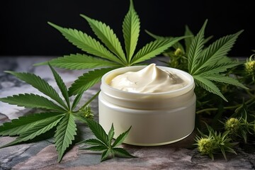 Fototapeta na wymiar Green Leaf Cannabis meets White Cream Jar: Tabletop Elegance. Generative AI