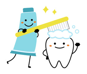 歯ブラシで磨いている歯と歯磨き粉のかわいいキャラクターのイラスト
