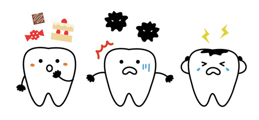 甘い物で虫歯になるかわいい歯のキャラクターのイラストセット