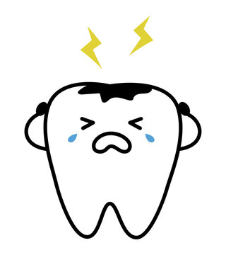 虫歯になって泣いているかわいい歯のキャラクターのイラスト