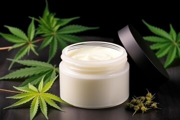 Fototapeta na wymiar Green Leaf Cannabis meets White Cream Jar: Tabletop Elegance. Generative AI