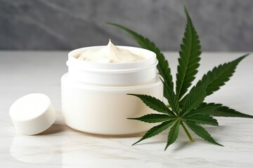 Obraz na płótnie Canvas Green Leaf Cannabis meets White Cream Jar: Tabletop Elegance. Generative AI