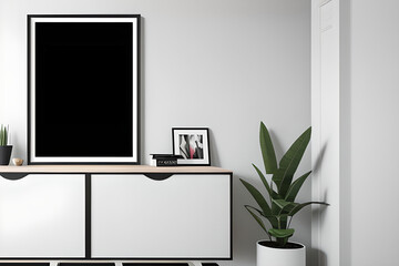 Interior design of black poster on a wall with cabinet