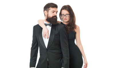 Whispering about love. sexy woman and tuxedo man. couple in love. business partnership. love and romance. formal couple celebrate special occasion. valentines day concept. elegant formal fashion