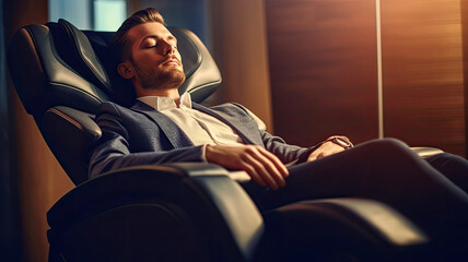 A businessman is relaxing on her massage chair in the living room while napping.genearative ai