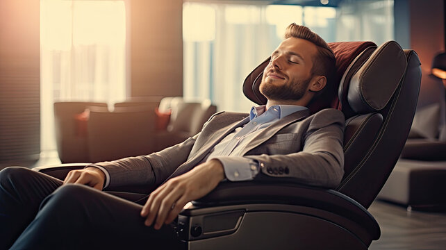 A businessman is relaxing on her massage chair in the living room while napping..generative ai - Powered by Adobe