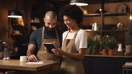 Small business owners working orders on tablet computer in restaurant by AI generate.