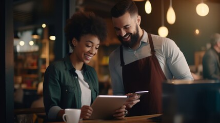 Small business owners working orders on tablet computer in restaurant by AI generate. - Powered by Adobe