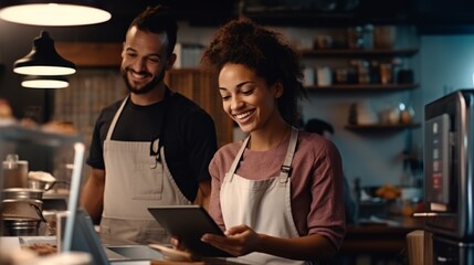 Obraz premium Small business owners working orders on tablet computer in restaurant by AI generate.