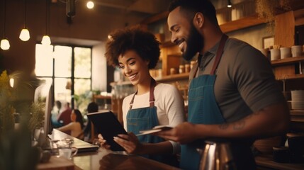Small business owners working orders on tablet computer in restaurant by AI generate.