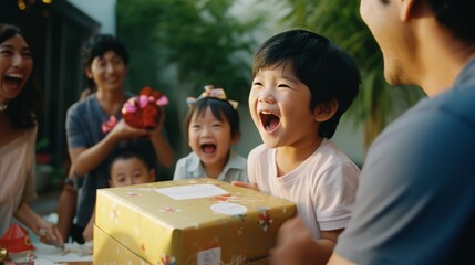 Obraz premium Young man holding gift box to small cute child on holiday event AI generate.