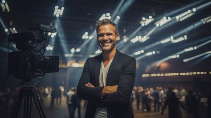 Portrait businessman smiling on stage by AI generate.