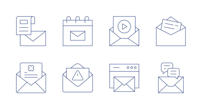 Mail icons. editable stroke. Containing calendar, email, love letter, mail, newsletter, rejected.