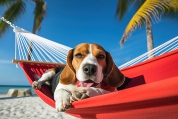 Dog Laid-Back Beagle: Unwinding on Vacation on the beach. Generative AI