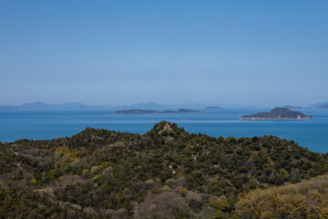 Fototapeta na wymiar View of mountain and islands in the seto inland sea , view from Mt. eino ( saijo city, ehime, shikoku, japan )