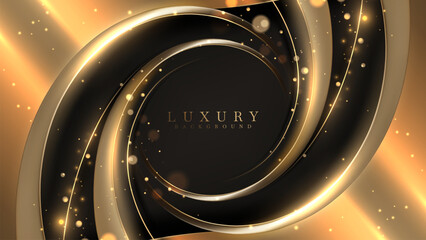 Luxury black background with gold curve frame space elements and glitter light effect decorations with bokeh. Vector illustration.