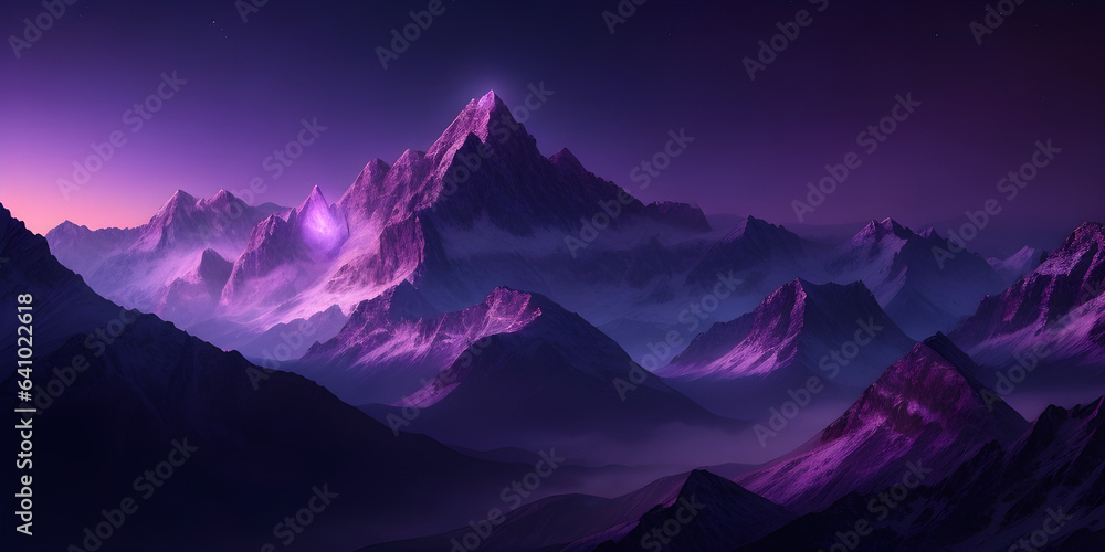 Fototapete a breathtaking view of the mountains, with a mysterious purple light radiating from the peaks and va