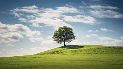 Fototapeta na wymiar Beautiful Scenery Of A Single Tree On A Green Hill Wallpaper