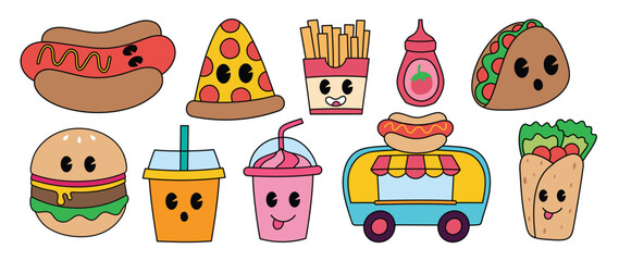 Set of 70s groovy element food truck concept vector. Collection of cartoon character, doodle smile face, hamburger, pizza, taco salad, smoothie. Cute retro groovy hippie design for decorative, sticker