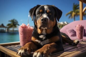 Dog Laid-Back Rottweiler: Unwinding on Vacation on the beach. Generative AI