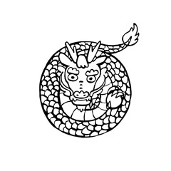 とぐろを巻く龍の手描きイラスト 線画
