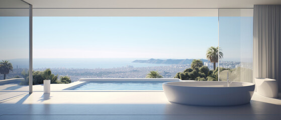Building Exterior luxury bathroom pool view house, hotel and resort by generative AI illustration.