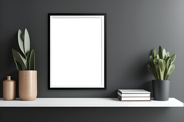 Interior design of black poster mockup on a wall with cabinet and plants