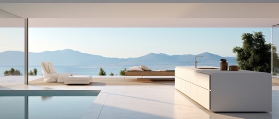 Fototapeta premium Building Exterior luxury of kitchen room with sea view by generative AI illustration.