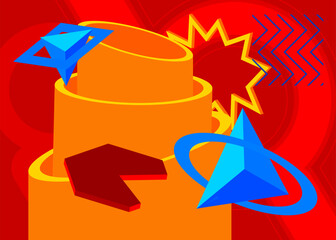 Blue, red and yellow geometrical graphic retro theme background. Minimal geometric elements poster, banner, cover design. Vintage abstract shapes template.