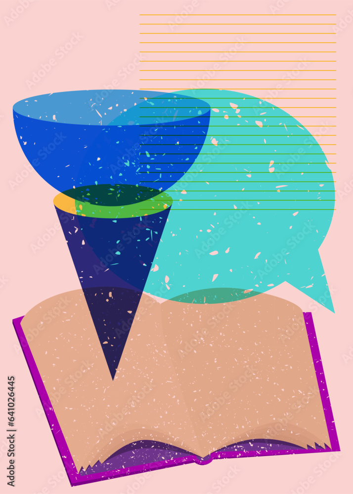 Poster book with speech bubble and colorful geometric shapes. educational object in trendy riso graph desig