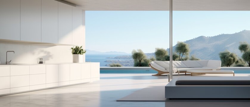 Building Exterior luxury of kitchen room with sea view by generative AI illustration.