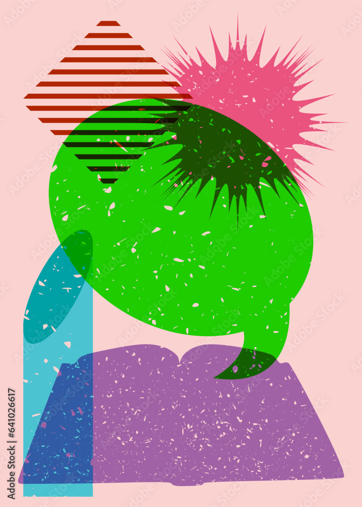 Poster book with speech bubble and colorful geometric shapes. educational object in trendy riso graph desig