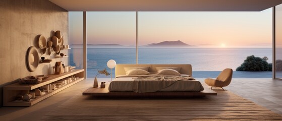 Building Exterior luxury of bedroom house, hotel and resort with sea view at sunset by generative AI illustration.