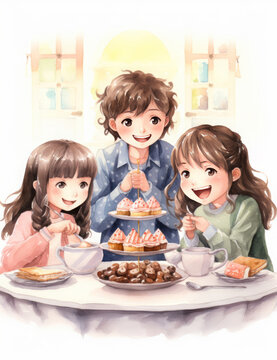 Children eating cakes in the kitchen, illustration in children's drawing style