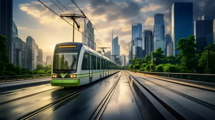Foto op Canvas Sustainable Urban Transit: Eco-Friendly Train in Modern City Landscape, Green Transportation Solution, Modern City Commuting, Environmental-Focused Rail System © DimuwaSL