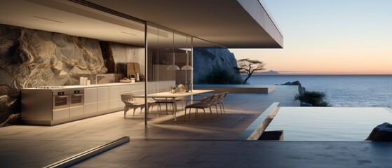 Building Exterior luxury of kitchen room with sea view by generative AI illustration.