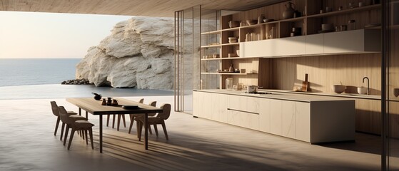 Building Exterior luxury of kitchen room with sea view by generative AI illustration.