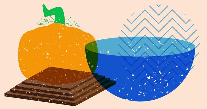 Pumpkin with colorful geometric shapes animation. Holiday, Harvest in trendy riso graph design. Geometry elements abstract risograph print texture style video.