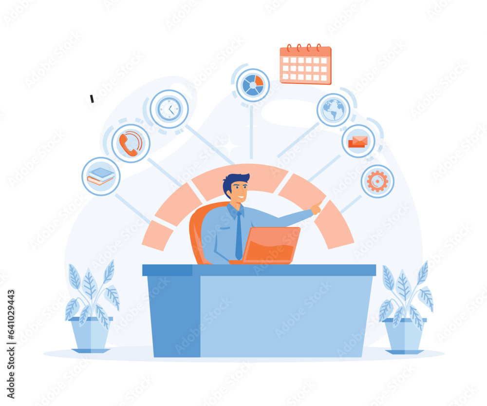 Poster multitasking, time management and productivity concept. happy businessman with multitasking skills s