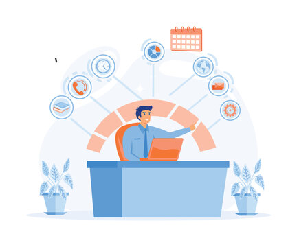 Multitasking, time management and productivity concept. Happy businessman with multitasking skills sitting at his laptop with office icons on a background. flat vector modern illustration 