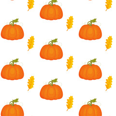Seamless pattern of orange pumpkins and oak leaves. Vector illustration in  cartoon style on a white background.