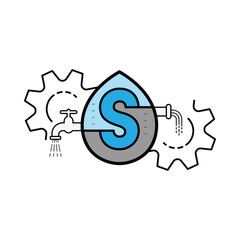 Water drop connect with tap water, sewage and gear icons. Sustainable water management concept. Vector illustration outline flat design style.