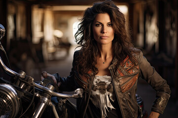 Fototapeta na wymiar Biker sexy mature woman sitting on vintage custom motorcycle. Outdoor lifestyle portrait