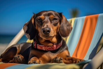 Dog Laid-Back Dachshund: Unwinding on Vacation on the beach. Generative AI