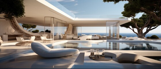 Fototapeta premium Building Exterior luxury of living room with sea view by generative AI illustration.