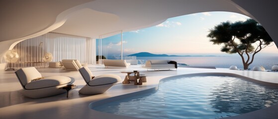 Obraz premium Building Exterior luxury of living room with sea view by generative AI illustration.