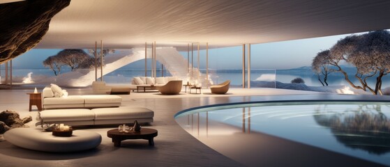 Fototapeta premium Building Exterior luxury of living room with sea view by generative AI illustration.
