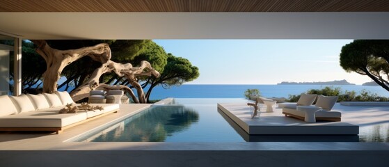 Fototapeta premium Building Exterior luxury of living room with sea view by generative AI illustration.