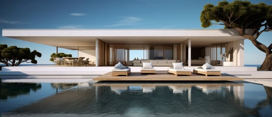 Fototapeta premium Building Exterior luxury of living room with sea view by generative AI illustration.