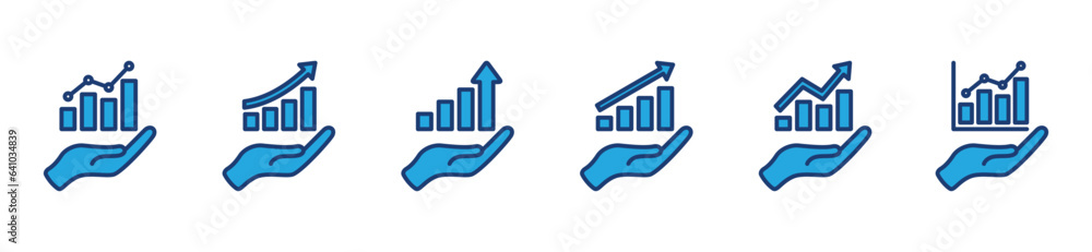 Poster data analytics icons set. analysis, infographic icon symbol in colours style. hands holding data ana